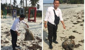 Penyidik Tipiter Satreskrim Polres Bintan saat melakukan Olah TKP Pencemaran akibat Limbah Kiriman di sejumlah Bibir Pantai Bintan