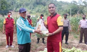 Kapolres Lingga AKBP.Boy Herlambang saat menyerahkan bantuan hasil Panen Jagung Kepada Warga Lingga.