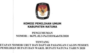 PENGUMUMAN NOMOR URUT DAN DAFTAR PASLON PESERTA PEMILIHAN BUPATI DAN WAKIL BUPATI NATUNA TAHUN 2020 scaled