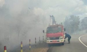 Petugas UPTD Damkar Toapaya beraksi melakukan pemadaman kebakaran di Kecamatan Toapaya.F.Istimewa