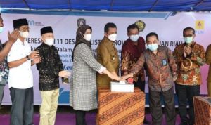 Gubernur Kepri H Ansar Ahmad didampingi Waka I DPRD Kepri Hj Dewi Kumalasari dan sejumlah pejabat teras PLN menekan tombol tanda dinyalakannya listrik PLN di Desa Batu Berlubang