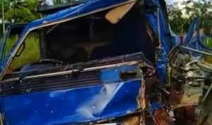 Kondisi Truk merk Toyota Dina dengan Nopol BP 9014 TQ warna biru itu terguling dan mengalami kerusak parah di Jalan Lintas Barat Bintan
