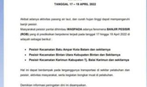 Surat Peringatan dini Waspada Banjir ROB Landa sejumlah Pesisir di Provinsi Kepri (Foto;Tangkapan layan Surat BMKG yang tersebar)