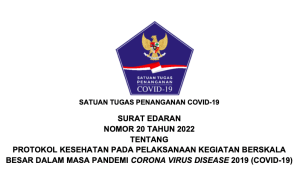 Surat Edaran (SE) Nomor 20 Tahun 2022 tentang Protokol Kesehatan pada Pelaksanaan Kegiatan Berskala Besar dalam Masa Pandemi Corona Virus Disease 2019 (COVID-19).
