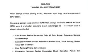BMKG Keluarkan Peringatan, Waspada Banjir ROB 5-11 Februari 2023 di Kepri (Foto: Tangkapan Layar Surat Peringatan BMKG) yang diperoleh media Ini.