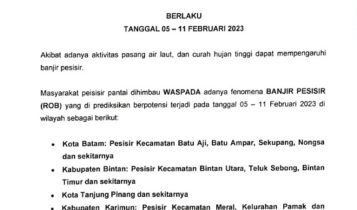 BMKG Keluarkan Peringatan, Waspada Banjir ROB 5-11 Februari 2023 di Kepri (Foto: Tangkapan Layar Surat Peringatan BMKG) yang diperoleh media Ini.