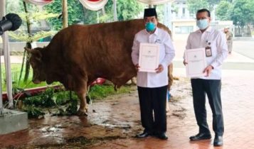 Kepala Biro Administrasi Setpres, Sony Kartiko, secara simbolis menyerahkan hewan kurban Presiden kepada Ketua Harian Badan Pengelola Masjid Istiqlal, Asep Syaifuddin, di Masjid Istiqlal, Jakarta, Senin (19/07/2021). (Foto: BPMI Setpres)
