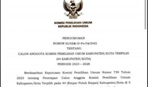 Tangkapan layar pengumuman anggota KPU pada 44 kabupaten/kota di Indonesia.Â 
