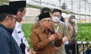 Wakil Presiden Maâ€™ruf Amin saat memberikan keterangan pers usai meninjau Batamindo Green Farm di Kota Batam, Kepulauan Riau, pada Rabu (7/6/2023). (Foto: BPMI Setwapres)