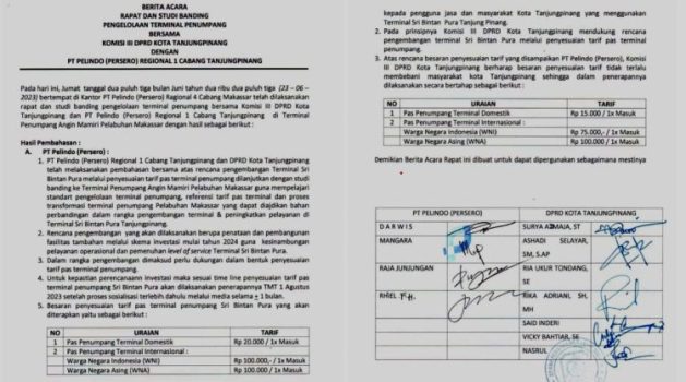 Tangkapan layar berita acara studi banding DPRD Kota Tanjungpinang dan PT.Pelindo yang tersebar menyetujui kenaikan tarif pas masuk pelabuhan SBP Rp15-100 Ribu. 