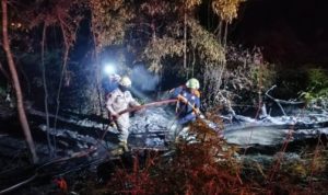 Petugas UPT Damkar Bintan Utara berusaha memadamkan kobaran api yang membakar lahan di Jalan Abadi Desa Lancang Kuning. (Foto: UPT Damkar Bintan/Presmedia.id)