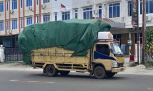 Truk ODOL dari Kota Batam saat melintasi jalanan di Kabupaten Bintan. (Foto: Hasura/Presmedia.id)