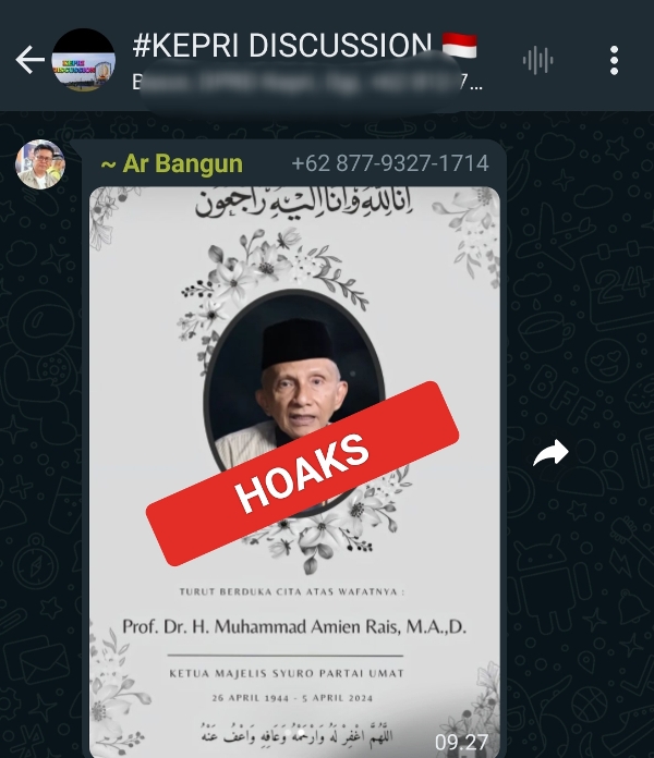 Sebuah pamflet ucapan duka cita yang menyebut politikus Indonesia Amien Rais meninggal dunia menyebar dan dibagikan luas melalui aplikasi pesan WhatsApp Sebuah pamflet ucapan duka cita yang menyebut politikus Indonesia Amien Rais meninggal dunia, menyebar dan dibagikan luas melalui aplikasi pesan WhatsApp.