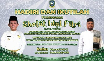 Spanduk Gubernur Kepri Ansar Ahmad akan melaksanakan Sholat Idul Fitri di kabupaten Lingga.