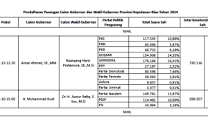 Ini Perbandingan Perolehan Suara Parpol Pendukung Ansar-Nyanyang VS Rudi Aunur Rofiq di Pileg 2024. (Foto: Data KPU Kepri)