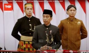 Presiden Joko Widodo (Jokowi) dalam Pidatonya pada Sidang Tahunan MPR RI dan Sidang Bersama DPR dan DPD RI Tahun 2024, di Gedung Nusantara I Kompleks Perkantoran MPR/DPR/DPD RI, Jakarta, Jumat (16/08/2024). (Foto: YouTube BPMI Setpres)