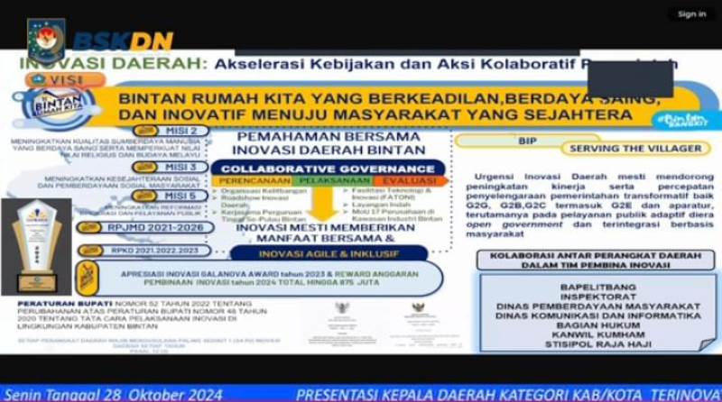 Dua Inovasi Bintan yang masuk nominator ajang IGA, Bintan Investment Platform (BIP) sebagai inovasi berbasis digital dari Dinas Pelayanan Terpadu Satu Pintu (DPTSP) Bintan, dan Serving The Villager (STV) sebagai inovasi non digital dari Dinas Kependudukan dan Pencatatan Sipil (Disdukcapil) Bintan. (Foto: Diskominfo Bintan)