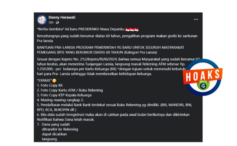 Hoaks bantuan pra lansia untuk peserta BPJS di atas 50 tahun Hoaks, bantuan pra-lansia untuk peserta BPJS di atas 50 tahun. (Foto: Screenshot)