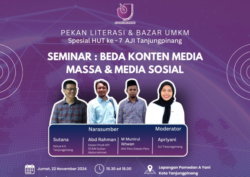 Pekan Literasi & Bazar UMKM HUT AJI Tanjungpinang ke - 7 diawali dengan seminar bertajuk "Beda Konten Media Massa dan Media Sosial" pada, Jumat (22/11/2024) di Lapangan Pamedan A Yani, Kota Tanjungpinang. (Foto: AJI Tanjungpinang)