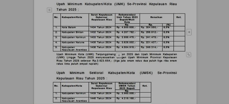 Ini Daftar Besaran UMK dan UMS kabupaten dan kota di Kepri tahun 2025.