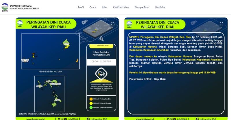 Tangkapan layan Prakiraan BMKG atas kondisi Cuaca di wilayah Provinsi Kepri Tangkapan layan Prakiraan BMKG atas kondisi Cuaca di wilayah Provinsi Kepri. (Foto: BKMG)