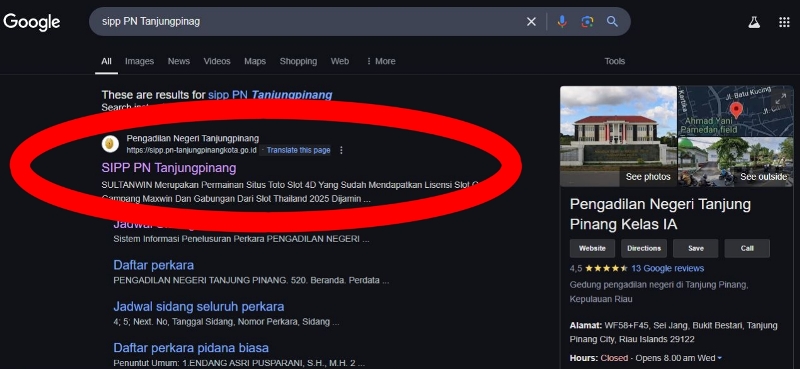 Tangkapan pencarian situs SIPP.PN Tanjungpinang dilama google menampilkan domain resmi (sipp.pn-tanjungpinangkota.go.id) dengan deskripsi promosikan situs judi online