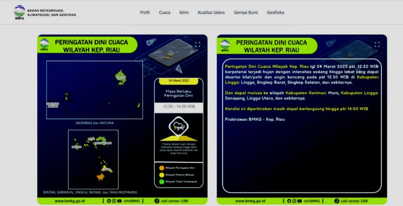 Tangkapan Layar peringatan dini BMKG Kepri Tangkapan Layar peringatan dini BMKG Kepri.