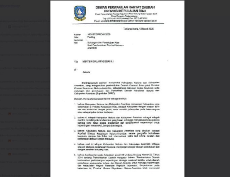 Tangkapan layar Sirat Dukungan dan pemberian Persetujuan DPRD Kepri terhadap pembentukan Provinsi Khusus Natuna-Anambas.