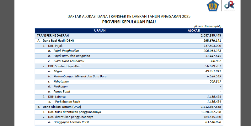 Tangkapan Layar Ini besaran dana Transfer APBN Pusat 2025 ke Kabupaten Natuna.