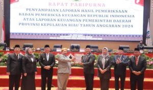 Badan Pemeriksa Keuangan Republik Indonesia (BPK RI) Perwakilan Kepulauan Riau, menyerahkan Laporan Hasil Pemeriksaan (LHP) atas Laporan Keuangan Pemerintah Daerah (LKPD) APBD Provinsi Kepulauan Riau Tahun Anggaran 2024 kepada DPRD Provinsi Kepulauan Riau, Senin (23/6/2025). (Foto:Humas DPRD Kepri) 