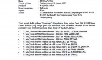 Foto Tangkapan dokumen daftar BB yang disita Polisi dari Tersangka Een Saputra dalam kasus Pemalsuan Sertifikat.