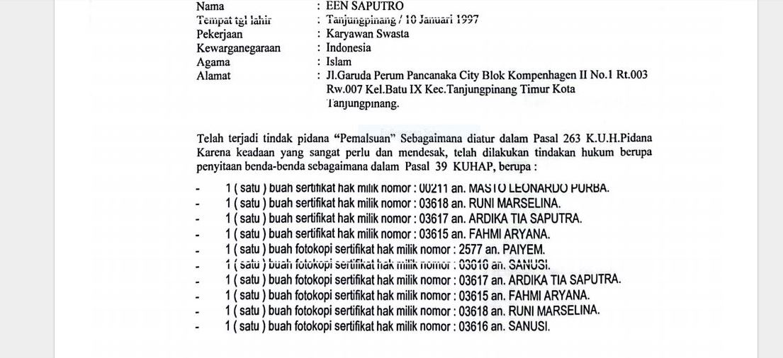 Foto Tangkapan dokumen daftar BB yang disita Polisi dari Tersangka Een Saputra dalam kasus Pemalsuan Sertifikat.