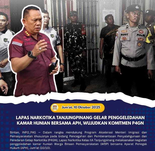 Lapas Narkotika Tanjungpinang Razia Kamar WBP dengan APH Lapas Narkotika Kelas IIA Tanjungpinang menggelar razia kamar hunian Warga Binaan Pemasyarakatan (WBP) pada Jumat (10/10/2025).
