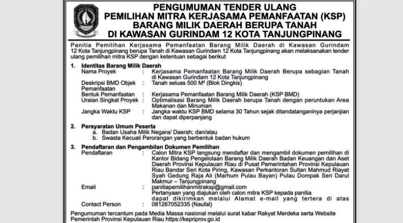 Pengumunan Tender Ulang kawasan Gurindam 12 Tepi Laut Tanjungpinang Pengumunan Tender Ulang kawasan Gurindam-12 Tepi Laut Tanjungpinang