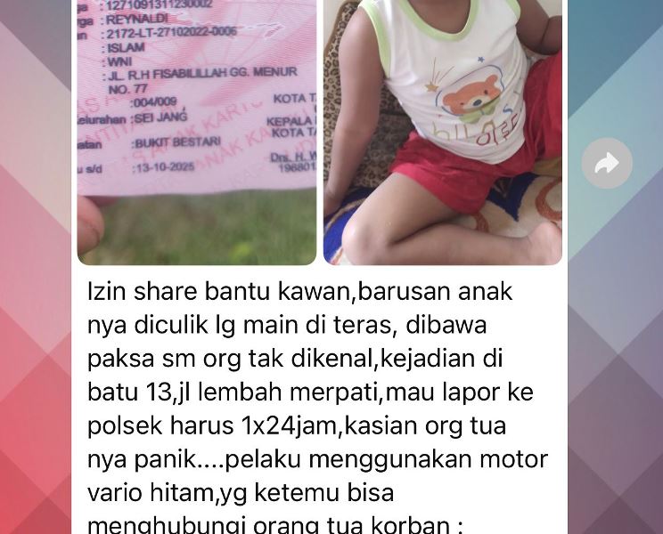 Pesan singkat whatsapp diduga  Balita laki-laki diculik yang hebohkan warga tanjungpinang (warga).