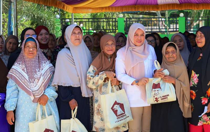 Wakil Bupati Bintan Deby Maryanti saat mebagikan paket bantuan reses Anggota DPR RI Ir. H.M. Endipat Wijaya di Lapangan Voli Km. 20 Gesek, Kecamatan Toapaya, Kamis siang (30/10/2025). (Foto-Diskominfo Bintan)